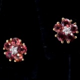 Pair of estate 14K yellow gold diamond & spinel flower stud earrings