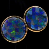 Pair of vintage Peter Bram Designs 14K yellow gold opal mosaic disc stud earrings