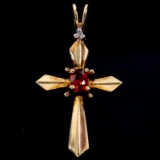 Estate 10K yellow gold diamond & garnet cross pendant