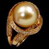 Estate 14K yellow gold diamond & golden South Sea pearl cocktail ring