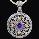 Estate sterling silver & 18K yellow gold amethyst & crystal flower necklace