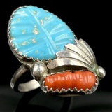 Estate Loyolita Othole Native American sterling silver turquoise & coral ring