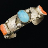 Estate Native American unmarked sterling silver turquoise & coral cuff bracelet