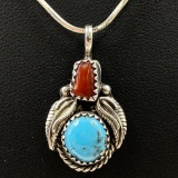 Estate Native American sterling silver turquoise & coral necklace with sterling silver snake chain