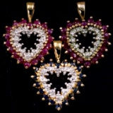 Set of 3 gold-plated sterling silver natural ruby, natural sapphire & diamond pendants