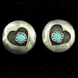 Pair of estate unmarked Native American sterling silver turquoise heart stud earrings