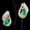Pair of estate 10K yellow gold green & white stone earrings