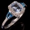 Estate sterling silver emerald cut aquamarine & diamond halo ring