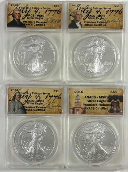 Lot of 4 certified 2015 U.S. American Eagle silver dollars