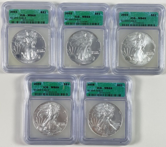 Continuous run of 5 certified 2001-2005 U.S. American Eagle silver dollars