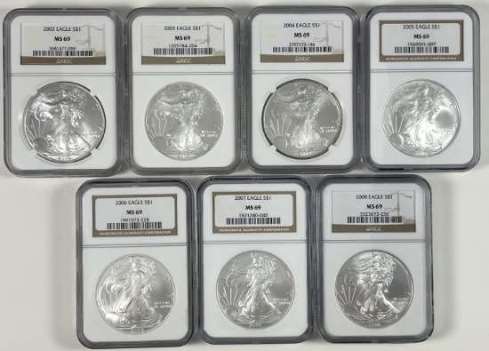 Continuous run of 7 certified 2002-2008 U.S. American Eagle silver dollars