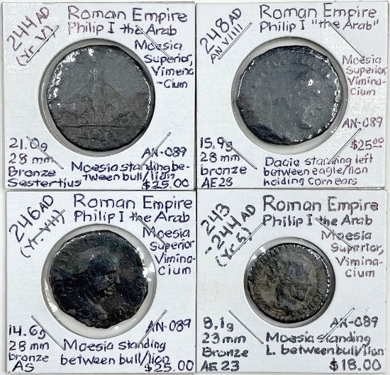 Lot of 4 different circa 245 A.D. ancient Roman Philip I "The Arab" Moesia Superior bronze coins