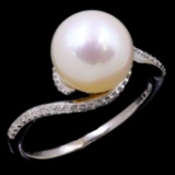 Estate 10K white gold diamond & Akoya pearl ring