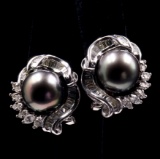 Pair of estate 18K white gold diamond & pearl cocktail earrings