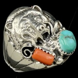 Estate Native American sterling silver red coral & turquoise bear ring