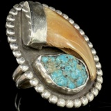 Estate Native American sterling silver genuine bear claw & turquoise ring