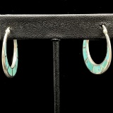 Pair of estate sterling silver turquoise inlay hoop earrings