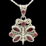 Estate sterling silver butterfly garnet pendant on sterling silver rope chain