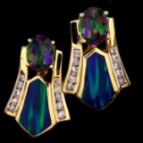 Pair of vintage 14K yellow gold diamond, opal, & mystic topaz dynasty earrings