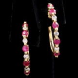 Pair of estate 14K yellow gold diamond & natural ruby half hoop earrings