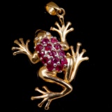Vintage 14K yellow gold diamond & natural ruby frog pendant