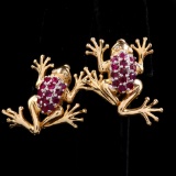 Pair of vintage 14K yellow gold diamond natural ruby & frog earrings