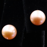 Pair of estate blush-toned pearl earrings with 14K yellow gold findings