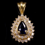 Estate 14K yellow gold diamond natural sapphire double-halo pendant