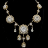 Vintage Kramer gilt metal, glass & seed pearl chandelier necklace