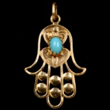 Vintage 18K yellow gold turquoise hamsa Hand of Fatima pendant