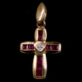 Estate 10K yellow gold diamond & natural ruby cross pendant