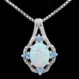 Estate sterling silver diamond & lab-created opal pendant