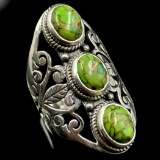 Estate sterling silver green turquoise scroll pierced ring
