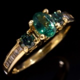 Estate 14K yellow gold white & teal diamond & natural alexandrite ring