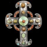 HUGE! Vintage sterling silver turquoise & coral giant cross pendant