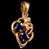 Estate 14K yellow gold diamond & natural sapphire double heart pendant
