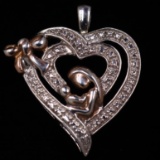 Estate sterling silver & rose gold diamond mother & child heart pendant
