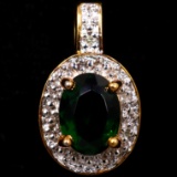 Estate yellow gold-plated sterling silver diamond & green stone pendant