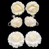 Lot of 3 pairs of estate ivory rose carved no-pierce earrings
