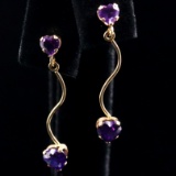 Pair of estate 14K yellow with gold purple colored heart stones dangle earrings