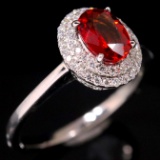 Estate 18K white gold Iliana diamond & natural orange sapphire halo ring