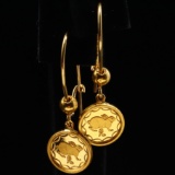 Estate 18K yellow gold bezeled earrings with 24K yellow gold rabbit medallions