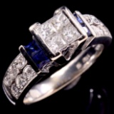 Estate 14K white gold diamond & natural sapphire ring