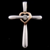 Estate 14K rose gold sterling silver diamond cross pendant: