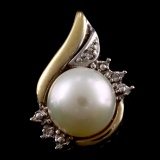 Estate 10K yellow gold sterling silver diamond & pearl pendant