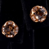 Pair of estate Le Vian 14K rose gold diamond & smokey quartz stud earrings