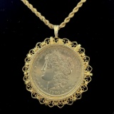 1904-O U.S. Morgan silver dollar in gold-tone bezel with a Napier gold-tone rope chain