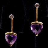 Pair of estate 14K yellow gold diamond & amethyst heart drop earrings