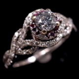 Estate 14K white gold diamond & natural ruby halo ring