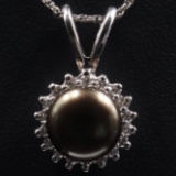 Estate 14K white gold diamond & Tahitian pearl necklace